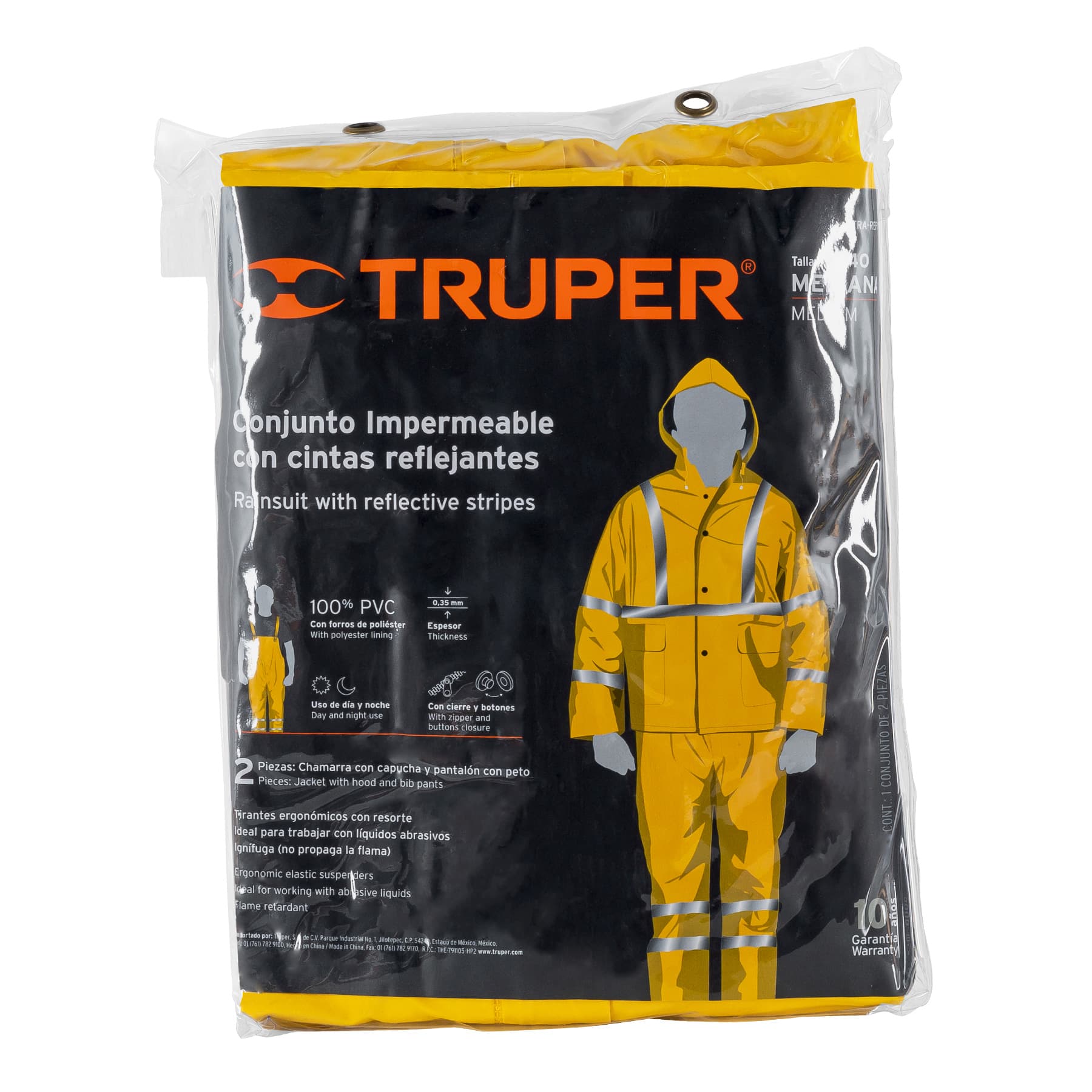 Conjunto Impermeable Doble Capa con Reflejantes Amarillo Truper Talla Mediana