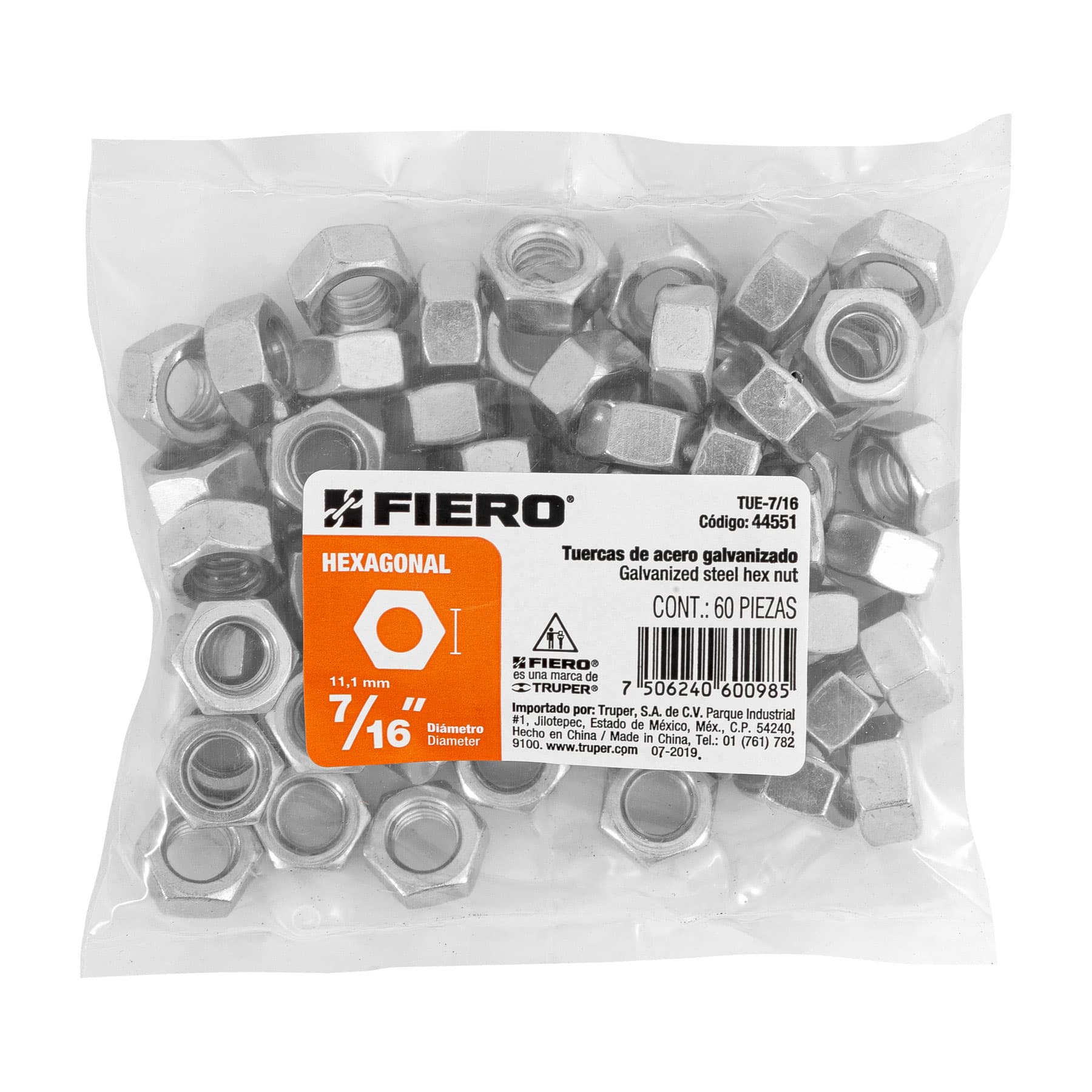 Tuerca Hexagonal 7/16" (11 mm) Fiero por Pieza