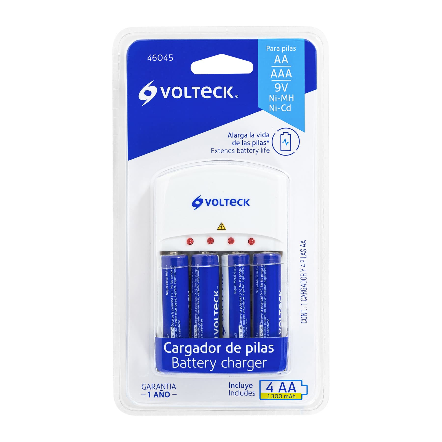 Cargador de Pilas AA, AAA y 9V Incluye 4 Pilas AA Volteck