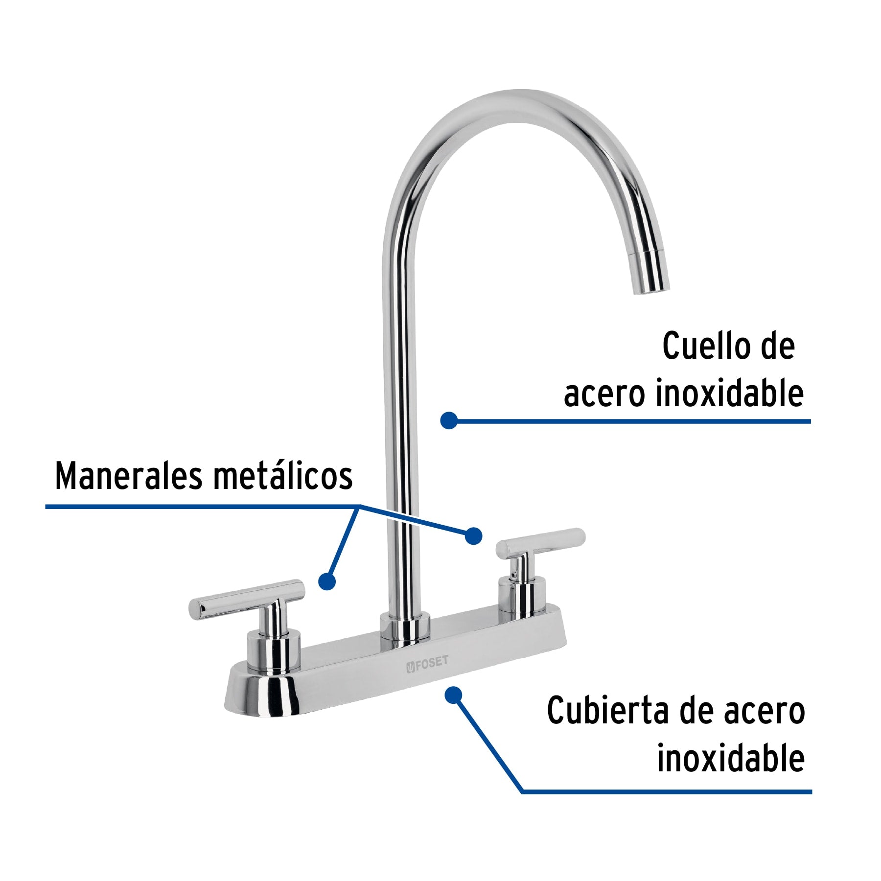 Mezcladora para Fregadero 8" Manerales Palanca FOSET TUBIG Acabado Cromo