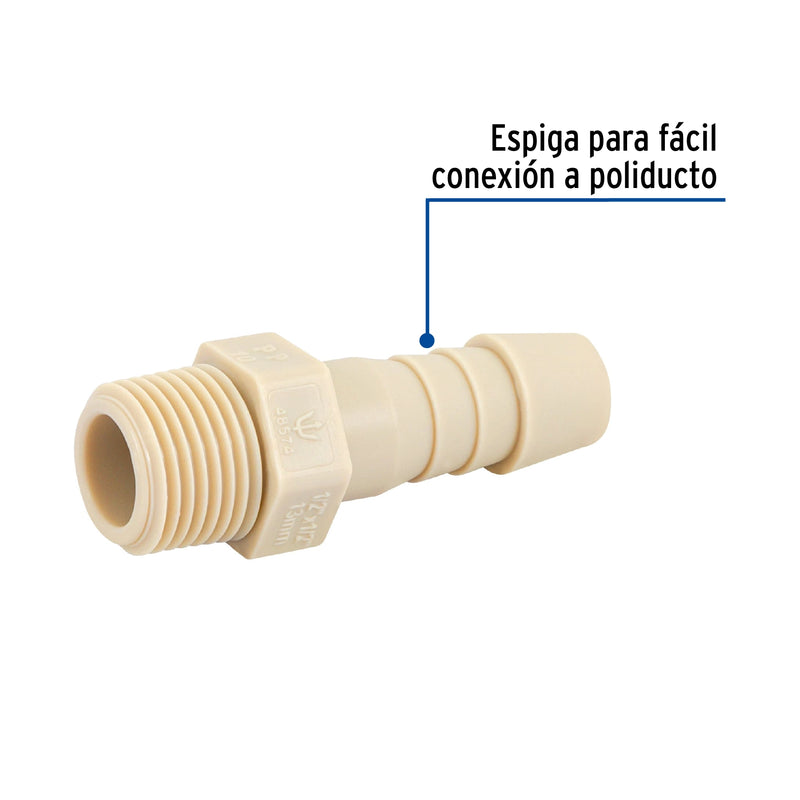 Conector Exterior Espiga para Manguera de Polipropileno 1/2" (13 mm)