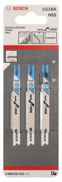 Hoja de Sierra de Calar Paquete con 3 Piezas Corte Basico Metal U 118 A Bosch