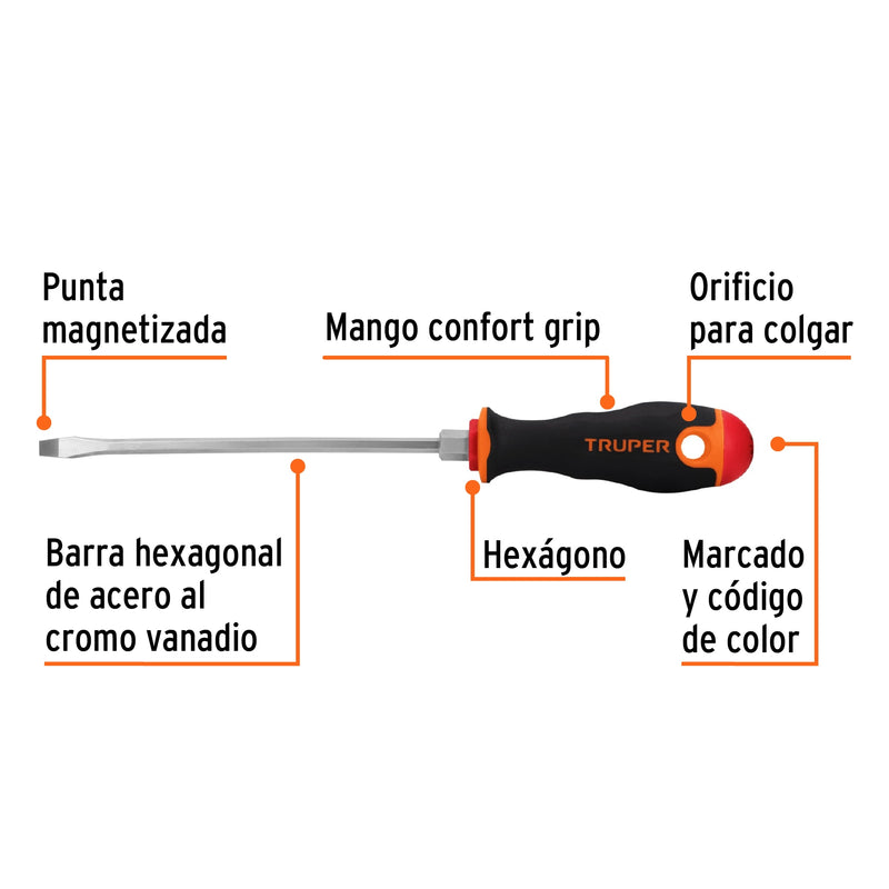 Desarmador Mango Comfort Grip Truper Plano 3/16" X 6"