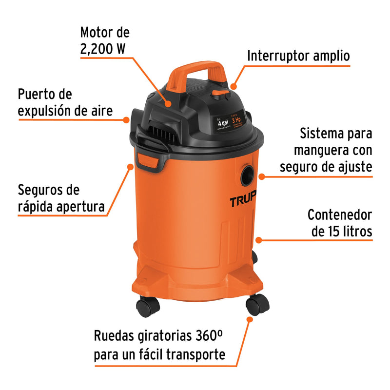 Aspiradora Plastica Solidos y Liquidos de 15 Lts (4 gal) Truper