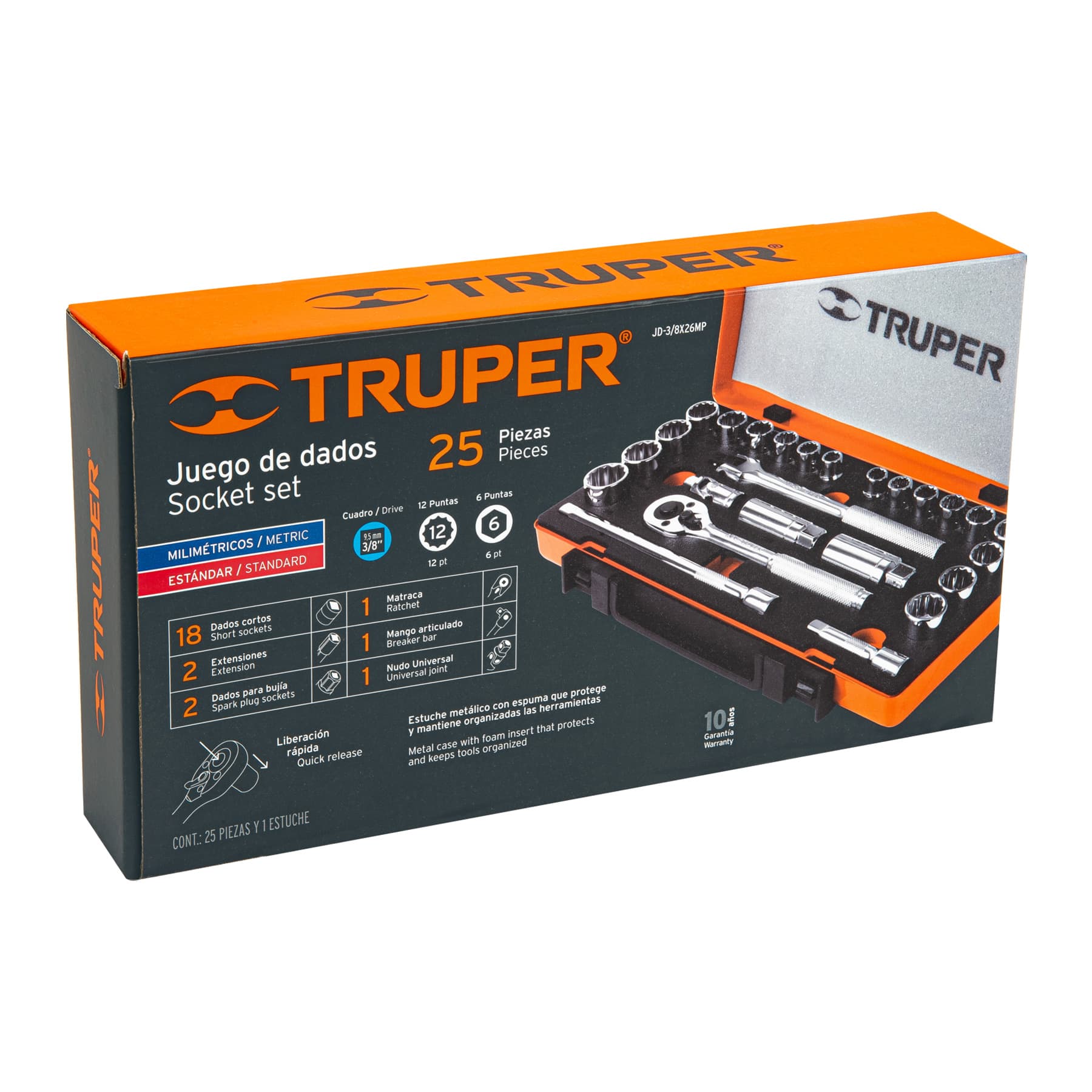 Juego de Dados y Accesorios Cuadro 3/8" Combinado 25 Piezas Truper
