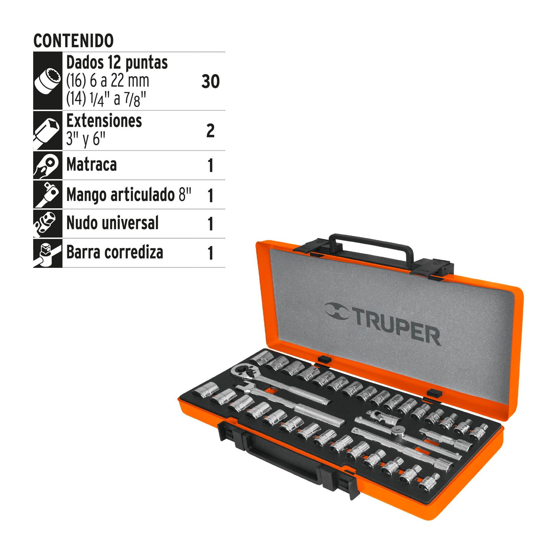 Juego de Dados y Accesorios Cuadro 3/8" Combinado 36 Piezas Truper
