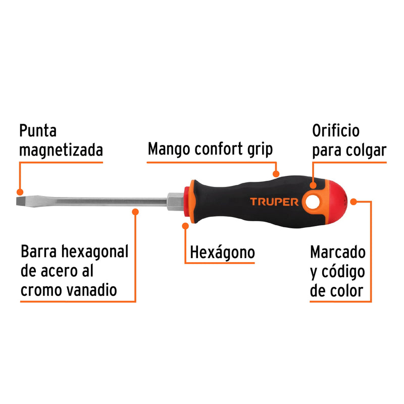 Desarmador Mango Comfort Grip Truper Plano 3/16" X 4"
