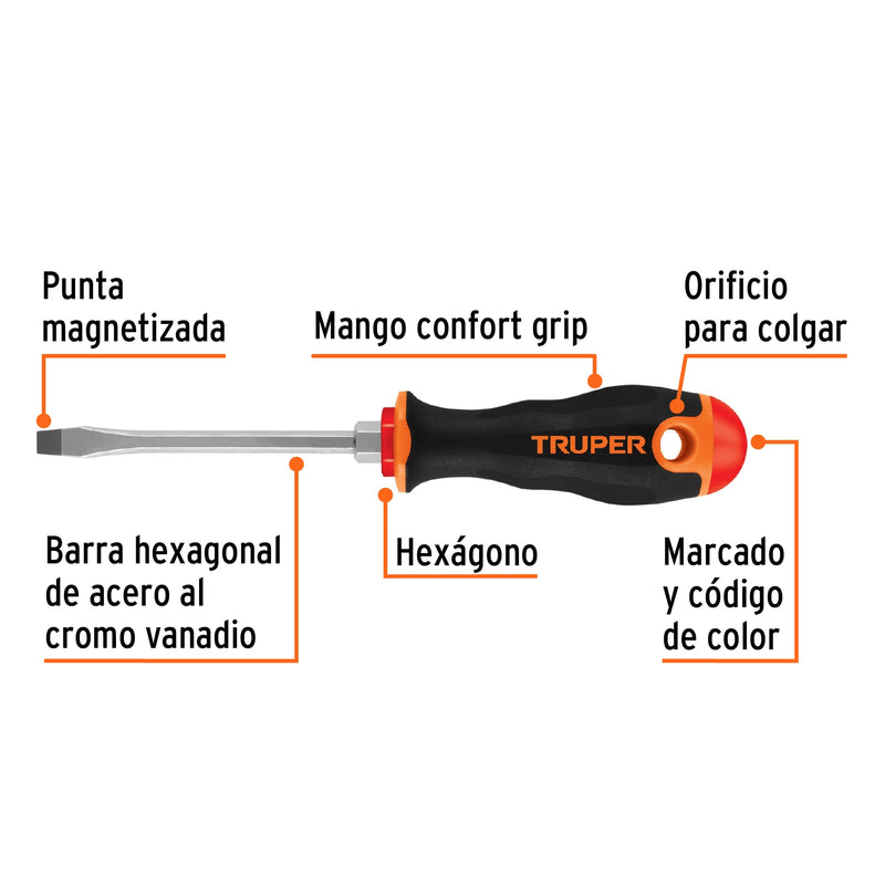 Desarmador Mango Comfort Grip Truper Plano 1/4" X 4"