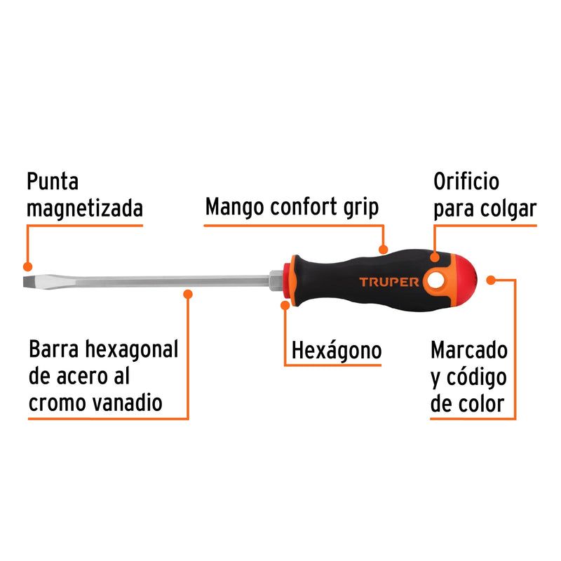Desarmador Mango Comfort Grip Truper Plano 1/4" X 6"