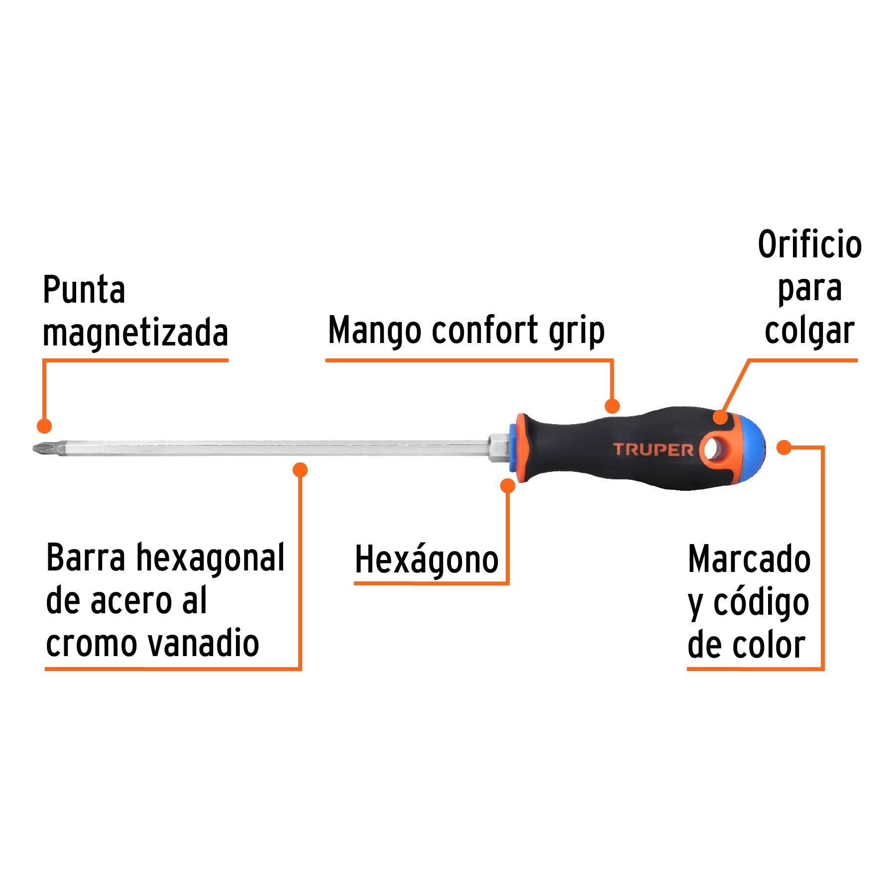 Desarmador Mango Comfort Grip Truper de Cruz 1/4" (#2) X 8"