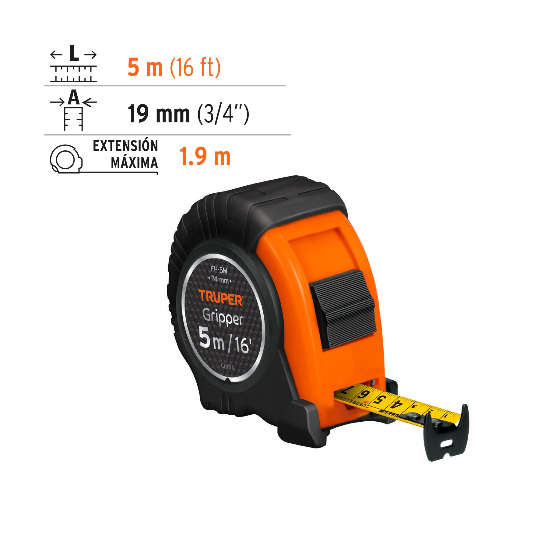 Flexometro 5 Metros Gripper Resiste Impactos Truper