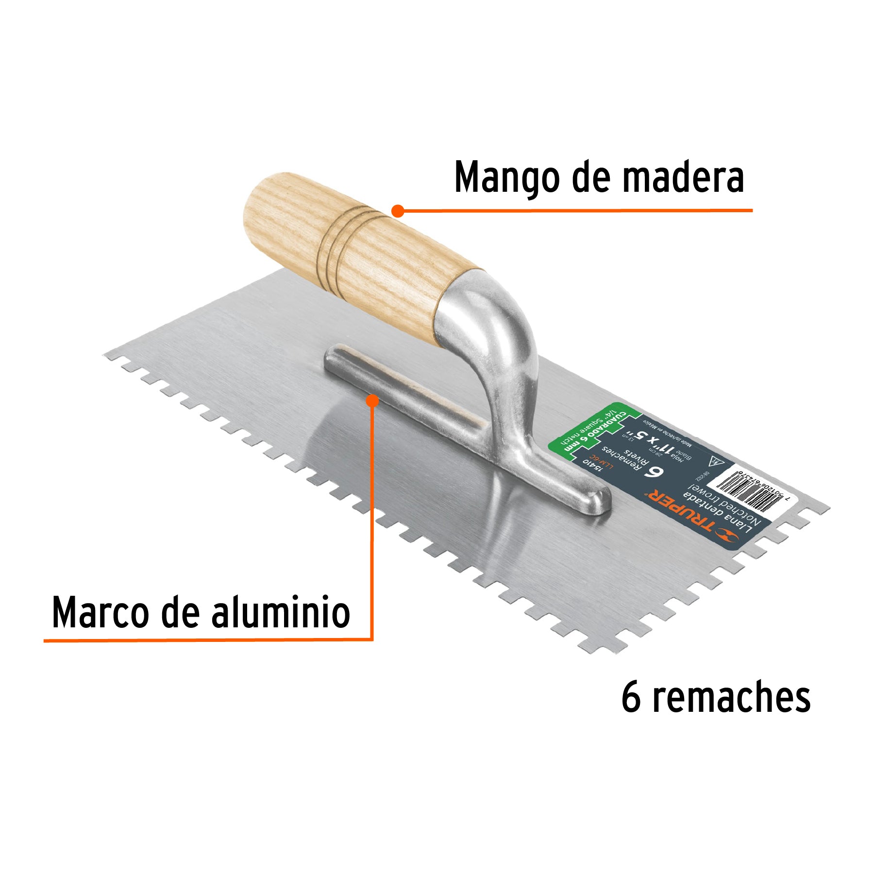 Llana 11" x 5" Mango de Madera 6 Remaches Dentado Truper Cuadrado
