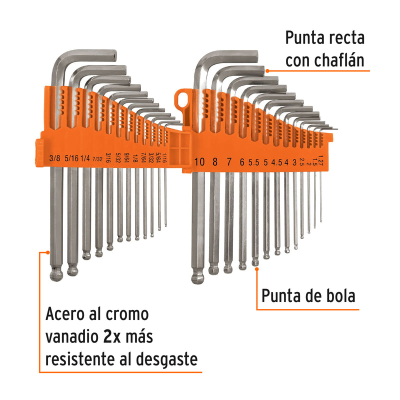 Juego de 25 Llaves Allen Largas Punta de Bola STD y MM Truper