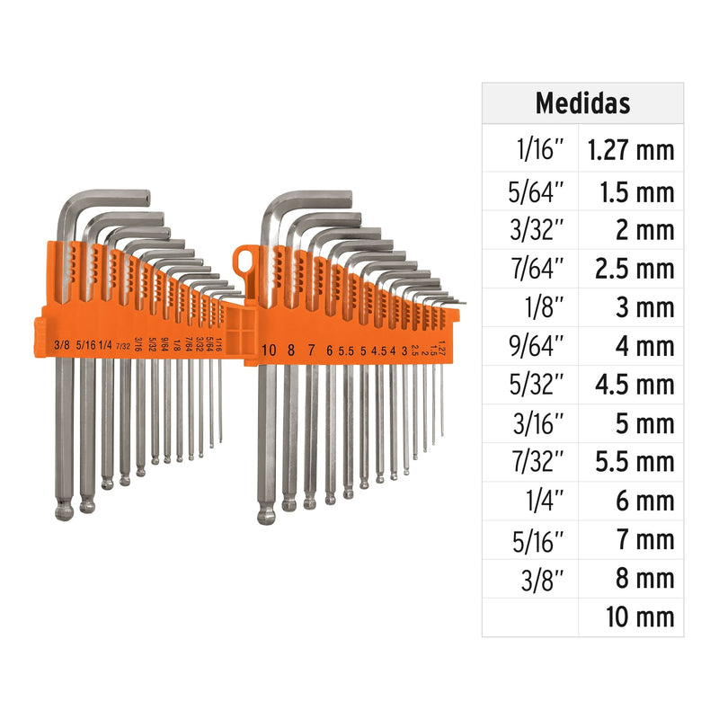 Juego de 25 Llaves Allen Largas Punta de Bola STD y MM Truper