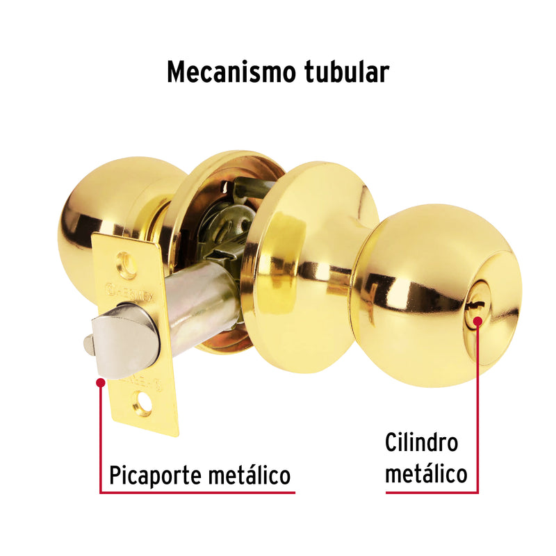 Cerradura Tipo Esfera Tubular Hermex Basic Laton Brillante Entrada Principal