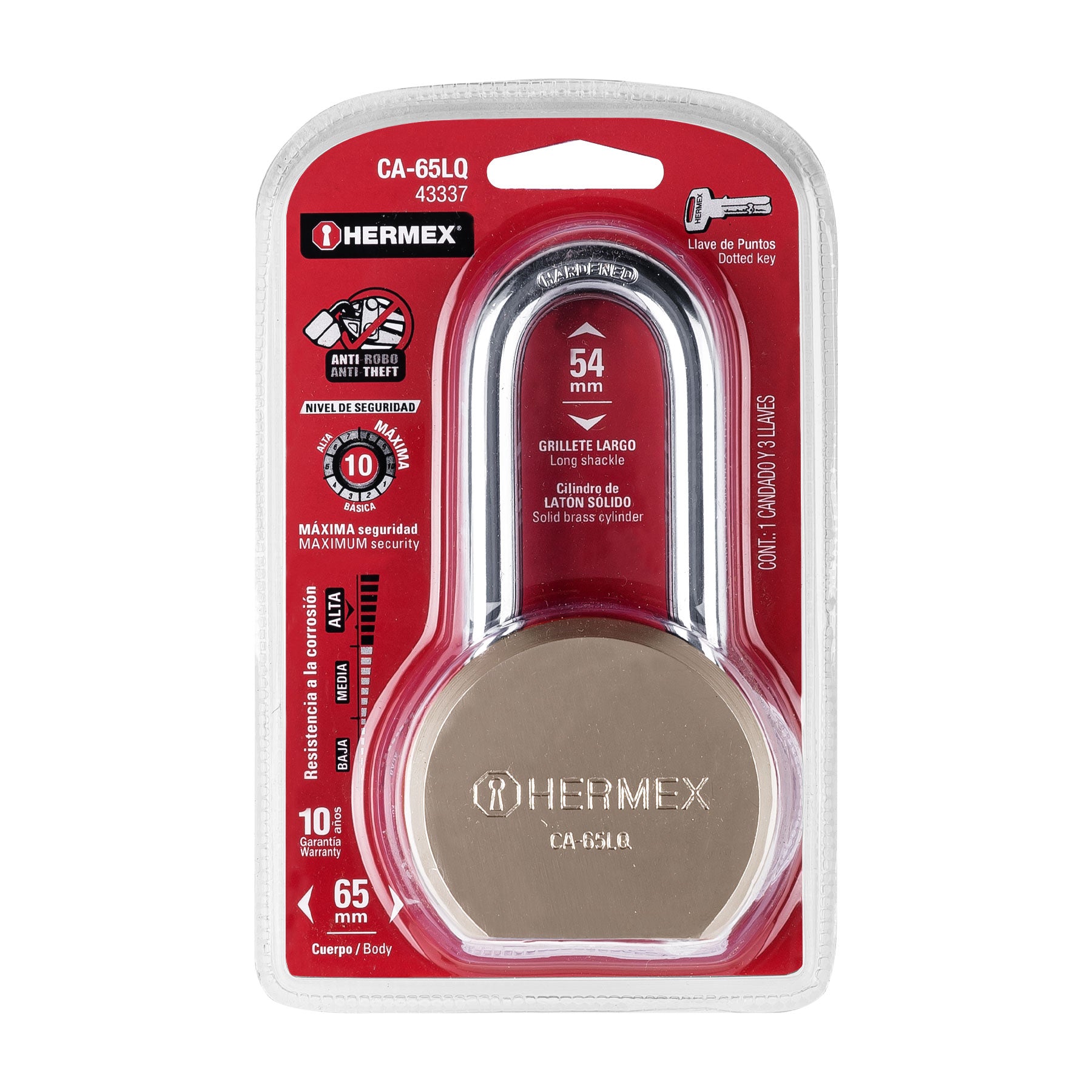 Candado Redondo 65 mm Maxima Seguridad Llave de Puntos Hermex Gancho Largo
