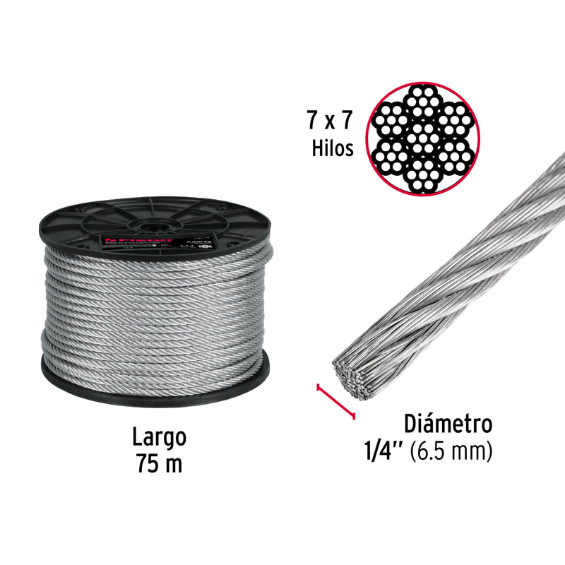 Cable de Acero 7 x 7 Hilos Fiero 1/4" (6.5 mm)