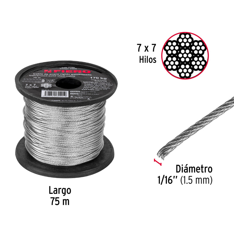 Cable de Acero 7 x 7 Hilos Fiero 1/16" (1.5 mm)