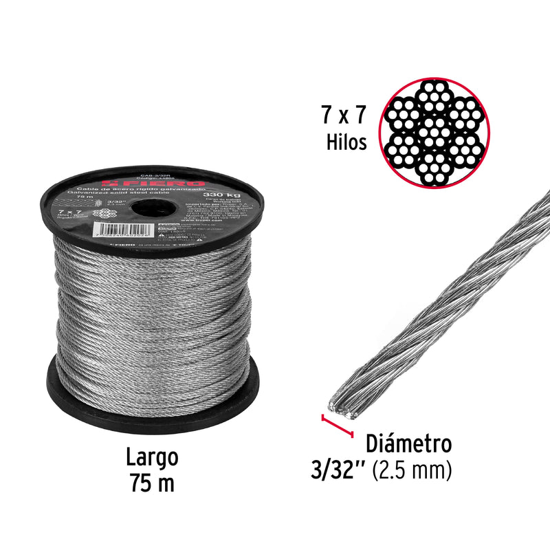 Cable de Acero 7 x 7 Hilos Fiero 3/32" (2.5 mm)