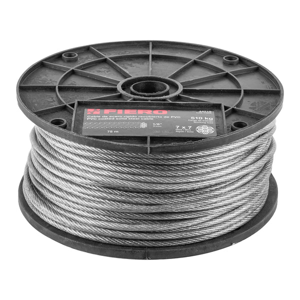 Cable de Acero Recubierto de PVC 7 x 7 Hilos Carrete 75 Metros Fiero 1/8" (3 mm)