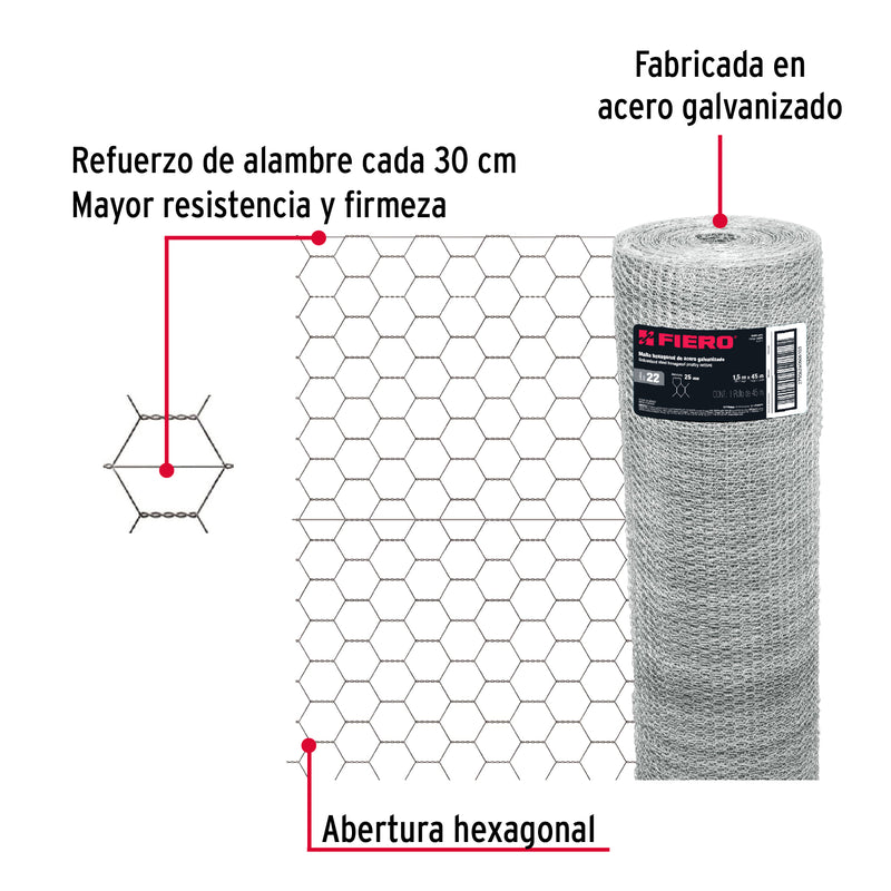 Malla Hexagonal Calibre 22 Abertura 25 mm Altura 1.50 Metros Fiero