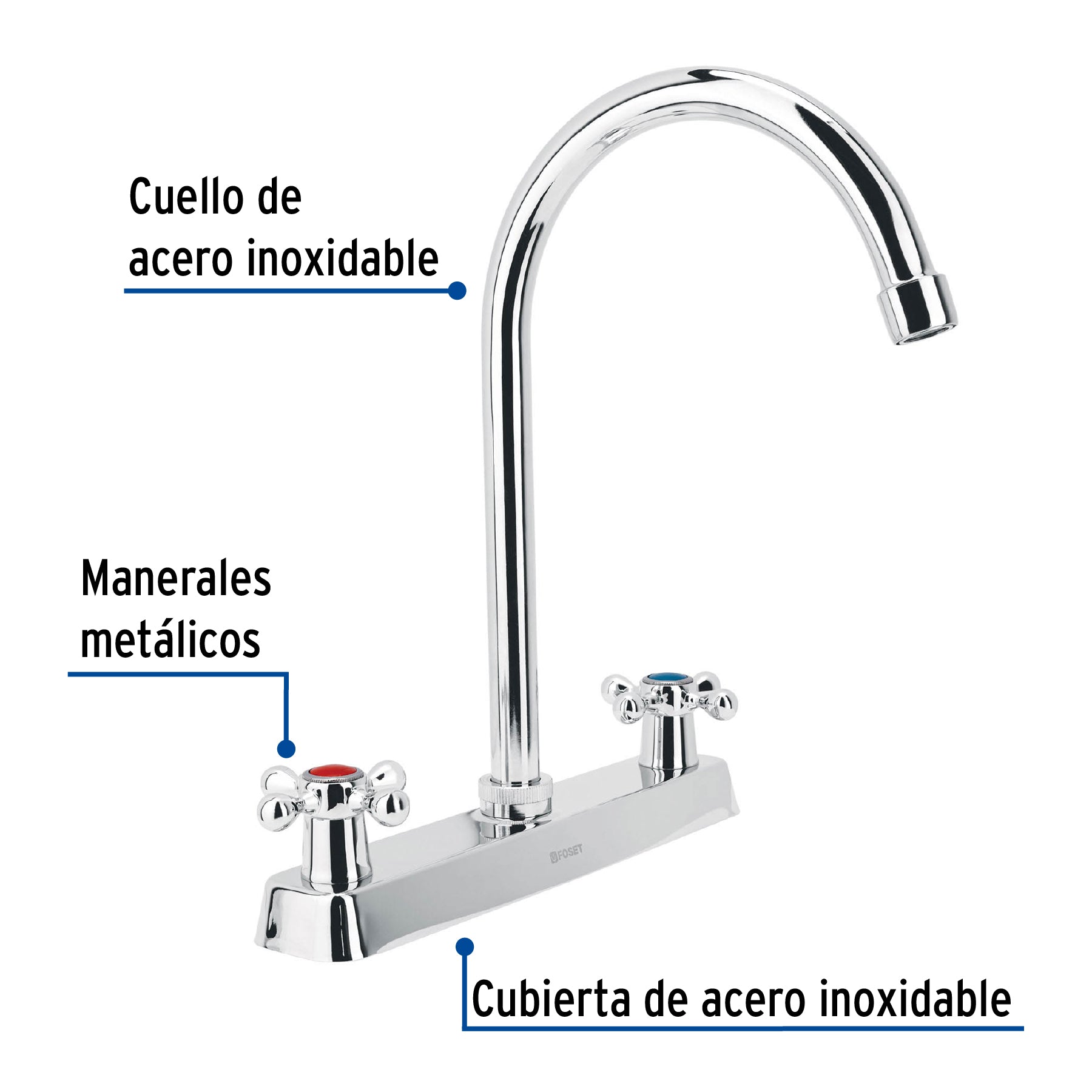 Mezcladora para Fregadero 8"  Cuello Curvo Manerales Tipo Cruceta Foset