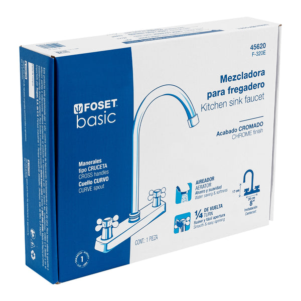 Mezcladora para Fregadero 8"  Cuello Curvo Manerales Tipo Cruceta Foset