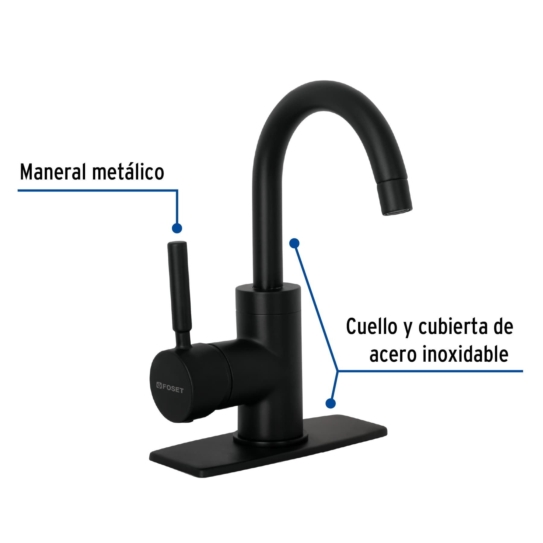 Monomando para Lavabo Corto Cuello Curvo FOSET TUBIG Acabado Negro Mate