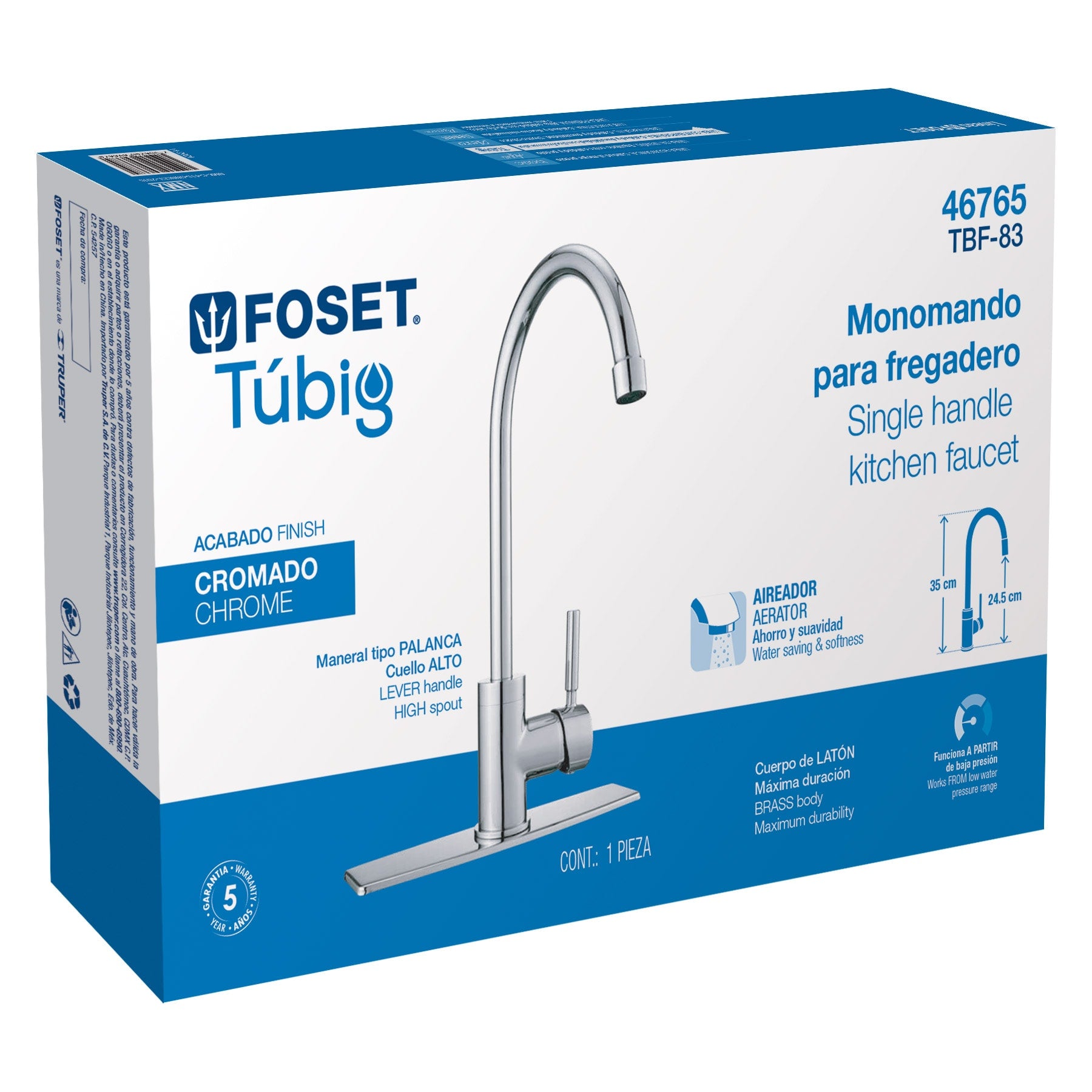 Monomando para Fregadero Cuello Alto FOSET TUBIG Acabado Cromo