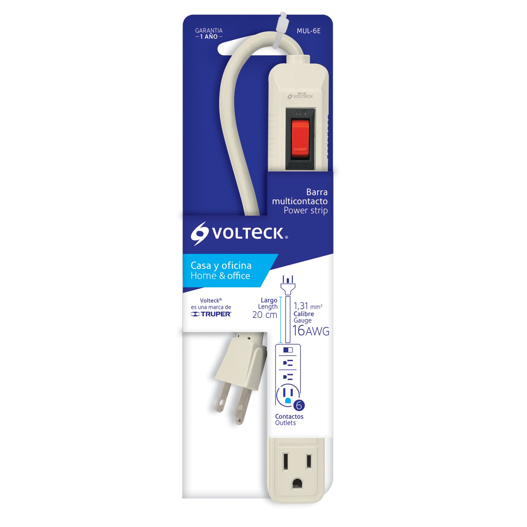 Multicontacto Barra 6 Entradas 16 AWG Volteck