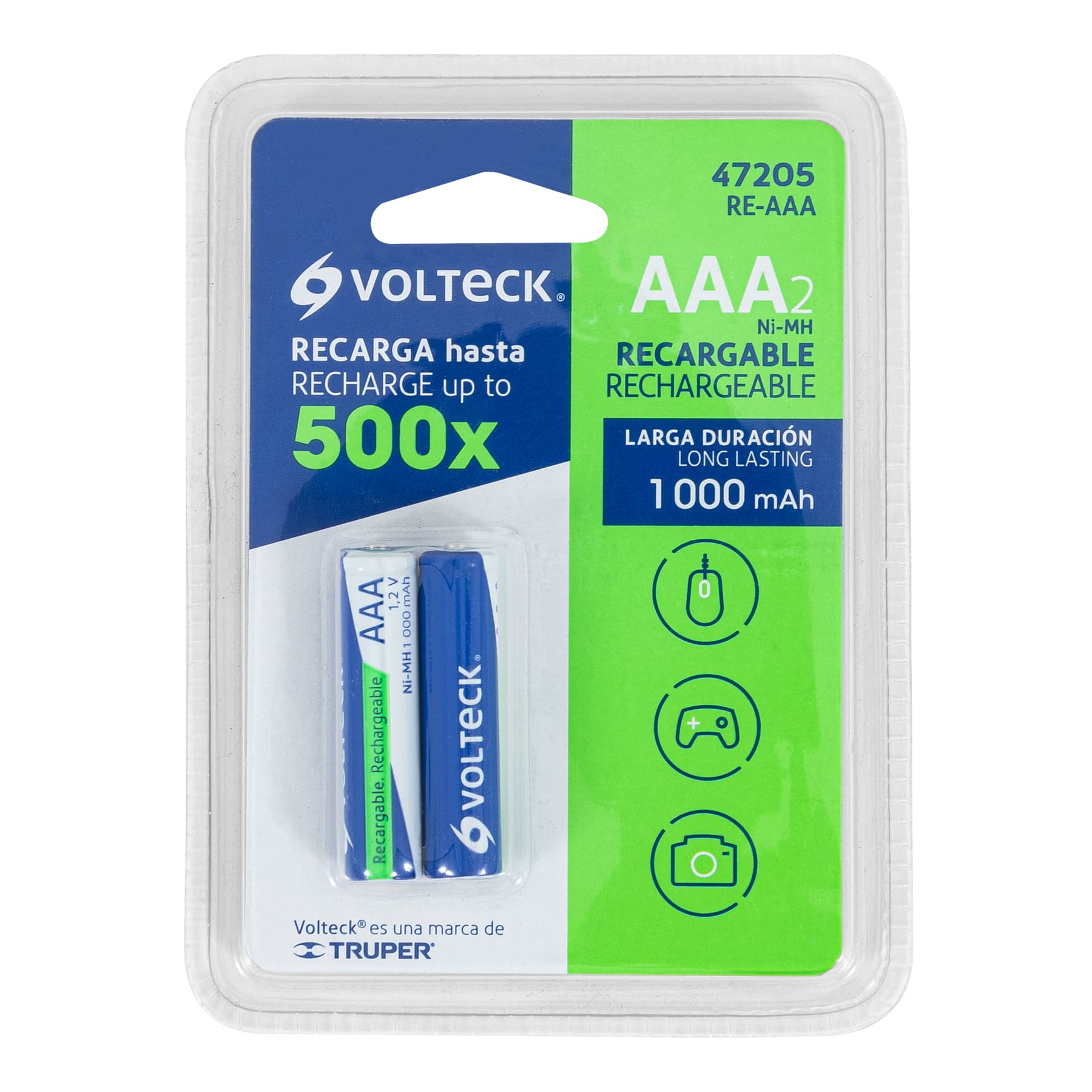Pilas Recargables AAA Larga Duracion 1,000 mAh 2 Piezas Volteck