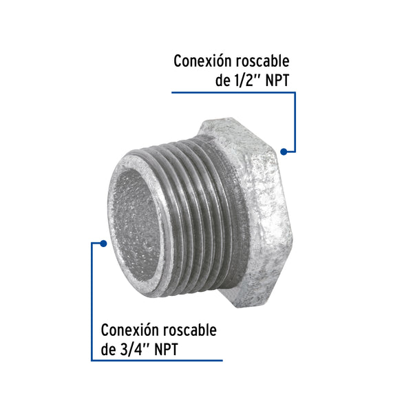 Reduccion Bushing Galvanizada 3/4" x 1/2" (19 mm x 13 mm) Galvaflow