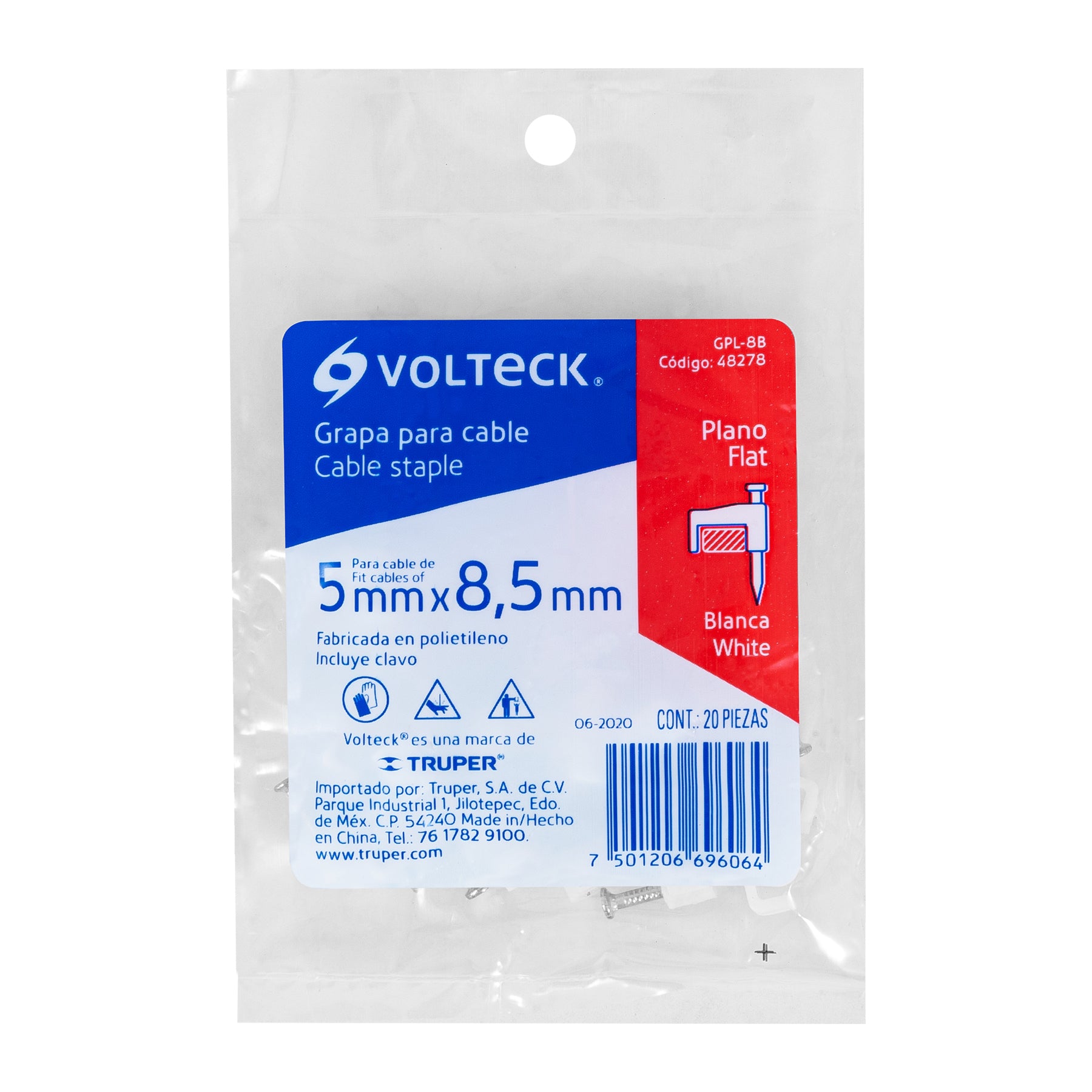 Grapa para Cable Plano Blanca de  5 mm Volteck Bolsa con 20 Piezas