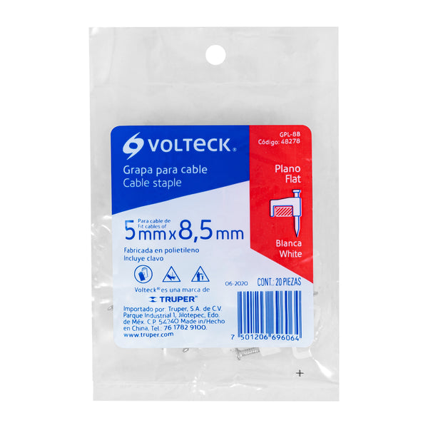 Grapa de  5 mm para Cable Plano Blanca Volteck Bolsa con 20 Piezas