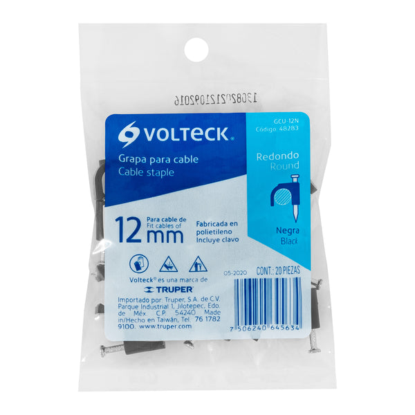 Grapa de 12 mm para Cable Redondo Negra Volteck Bolsa con 20 Piezas