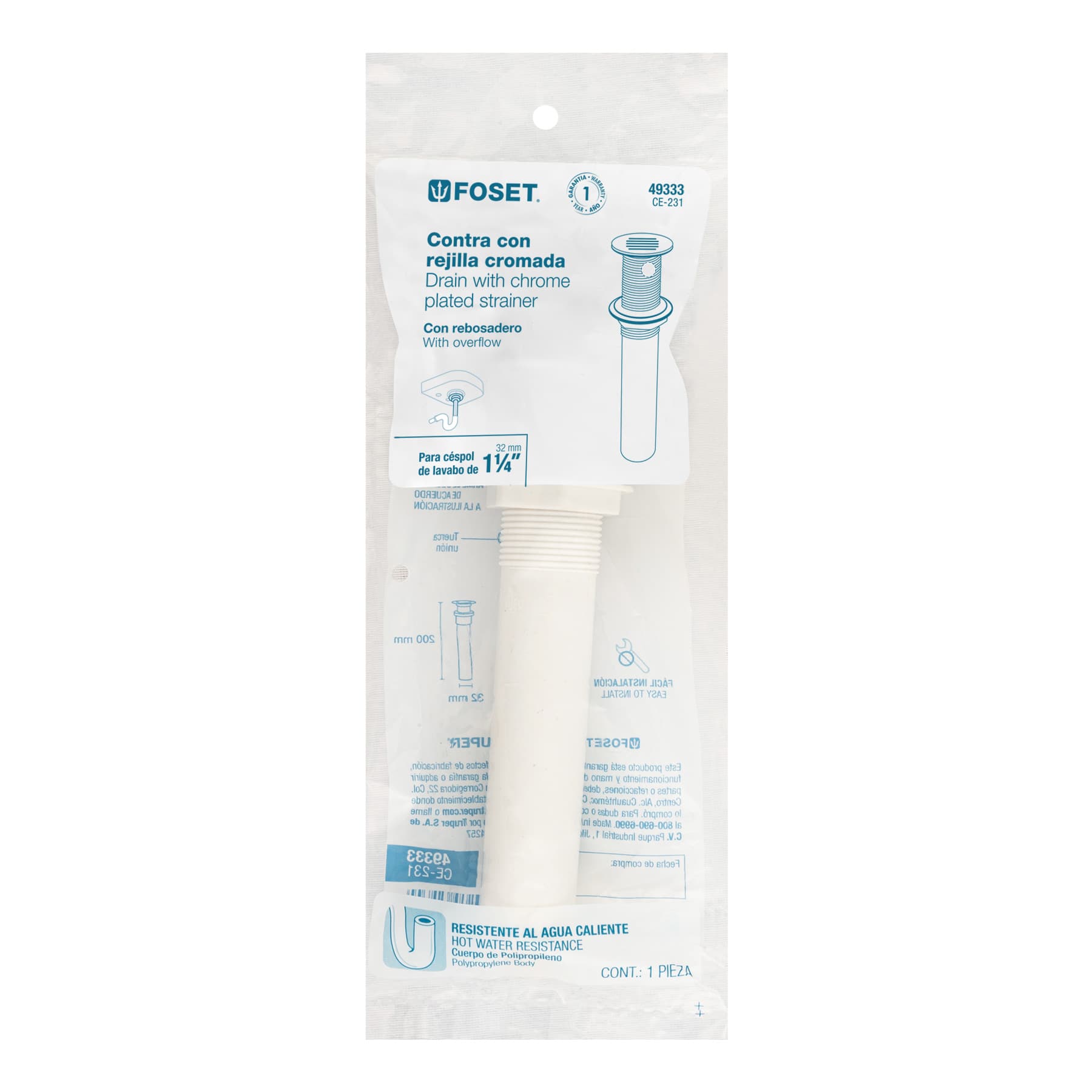 Contra para Lavabo de Polipropileno con Rejilla Cromada Foset