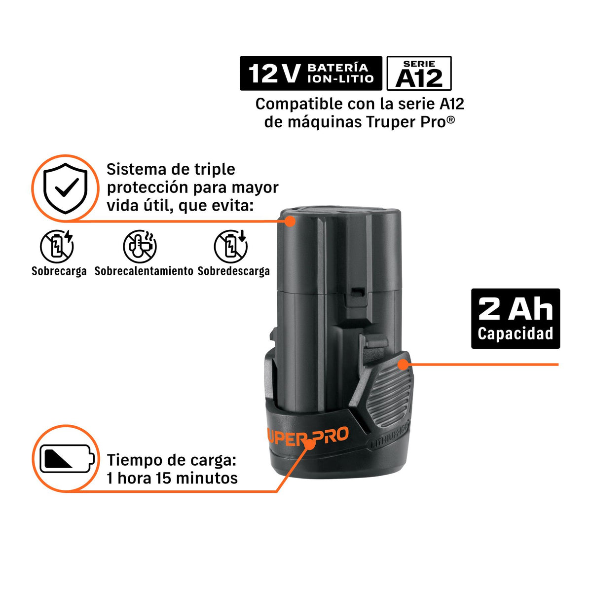 Bateria Ion Litio 12 V 2 Ah TRUPER PRO