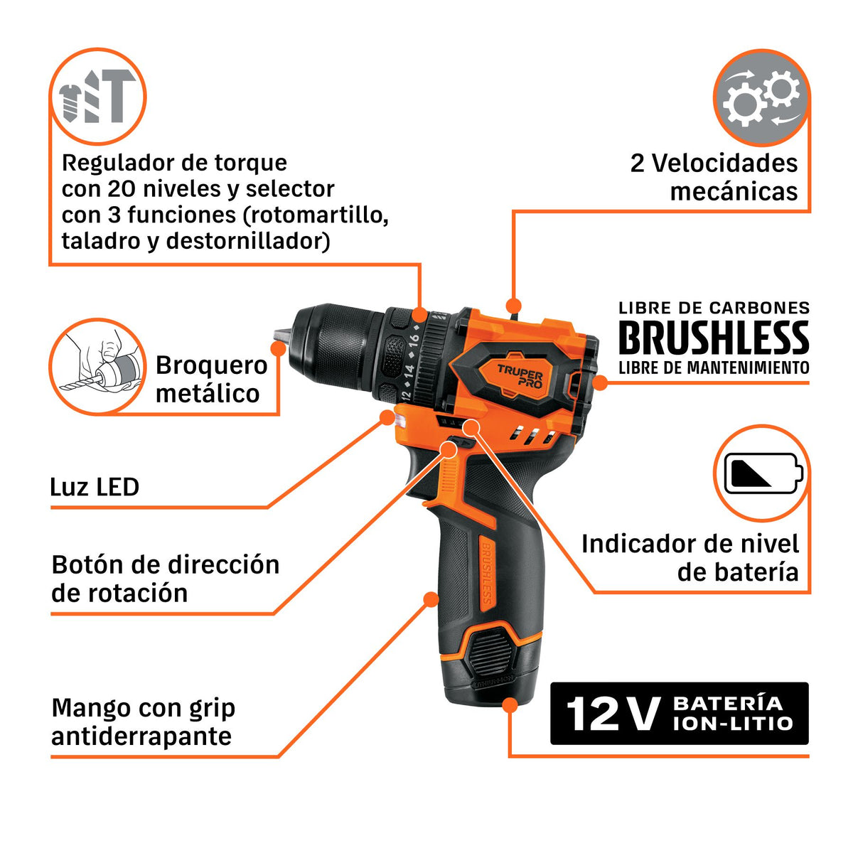 Combo Rotomartillo y Destornillador de Impacto Inalambrico 12 Volts 3/8" TRUPER PRO