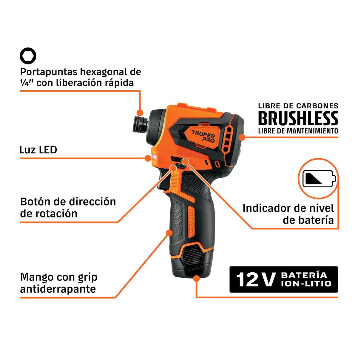 Destornillador de Impacto Inalambrico 12 Volts 3/8" 180Nm 1 Bateria 2Ah TRUPER PRO