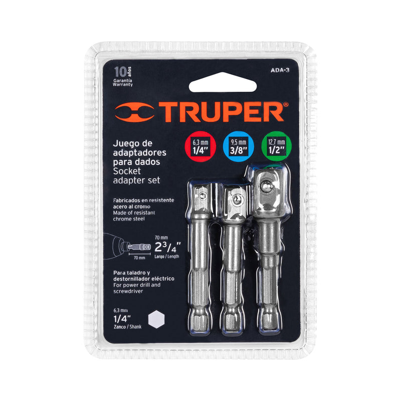 Juego de 3 Adaptadores para Dados de 1/4", 3/8" y 1/2" Truper