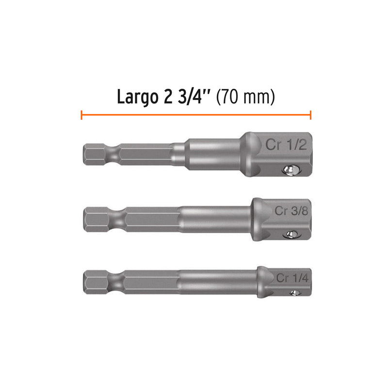 Juego de 3 Adaptadores para Dados de 1/4", 3/8" y 1/2" Truper