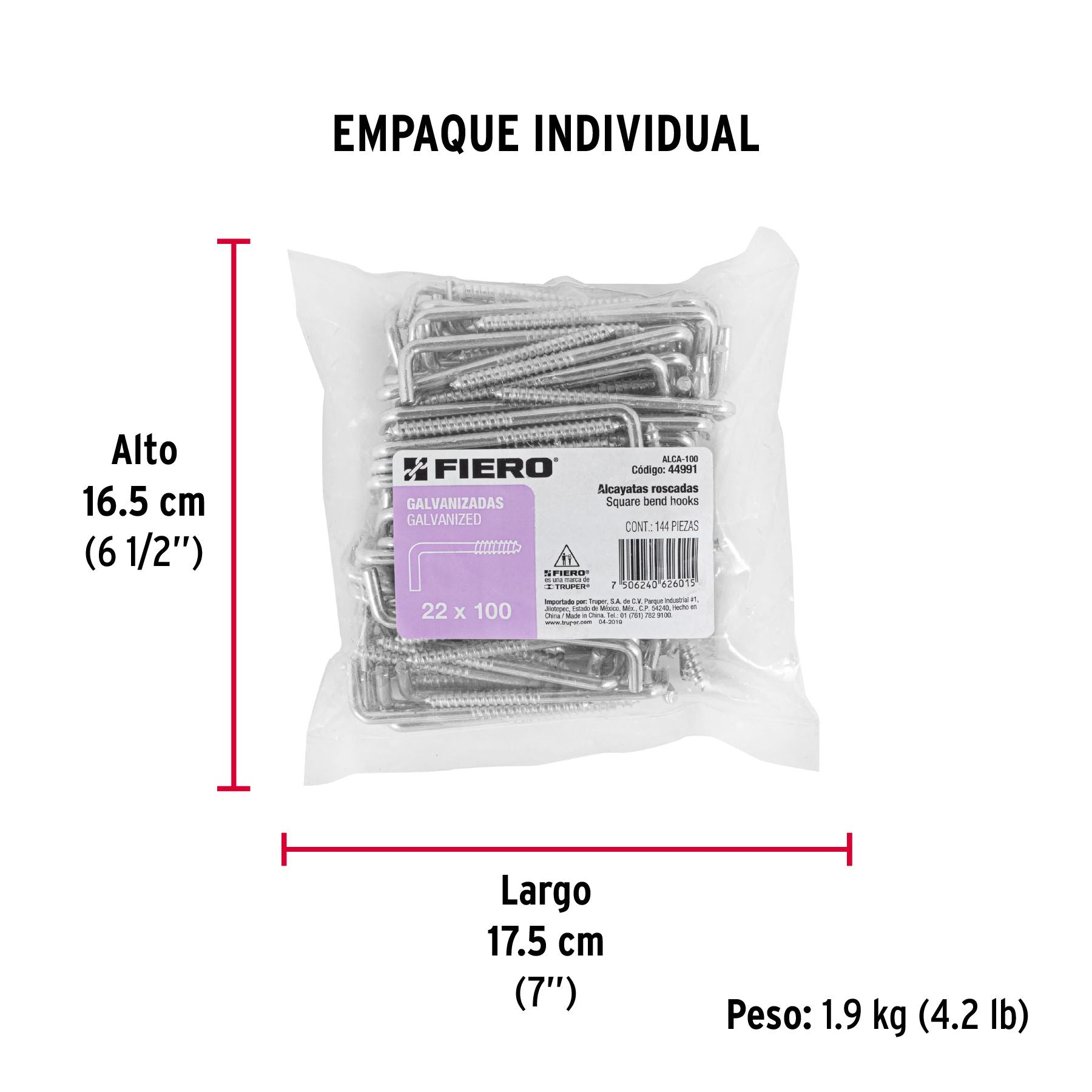 Alcayata Roscada 22 X 100 Fiero Bolsa 144 Piezas