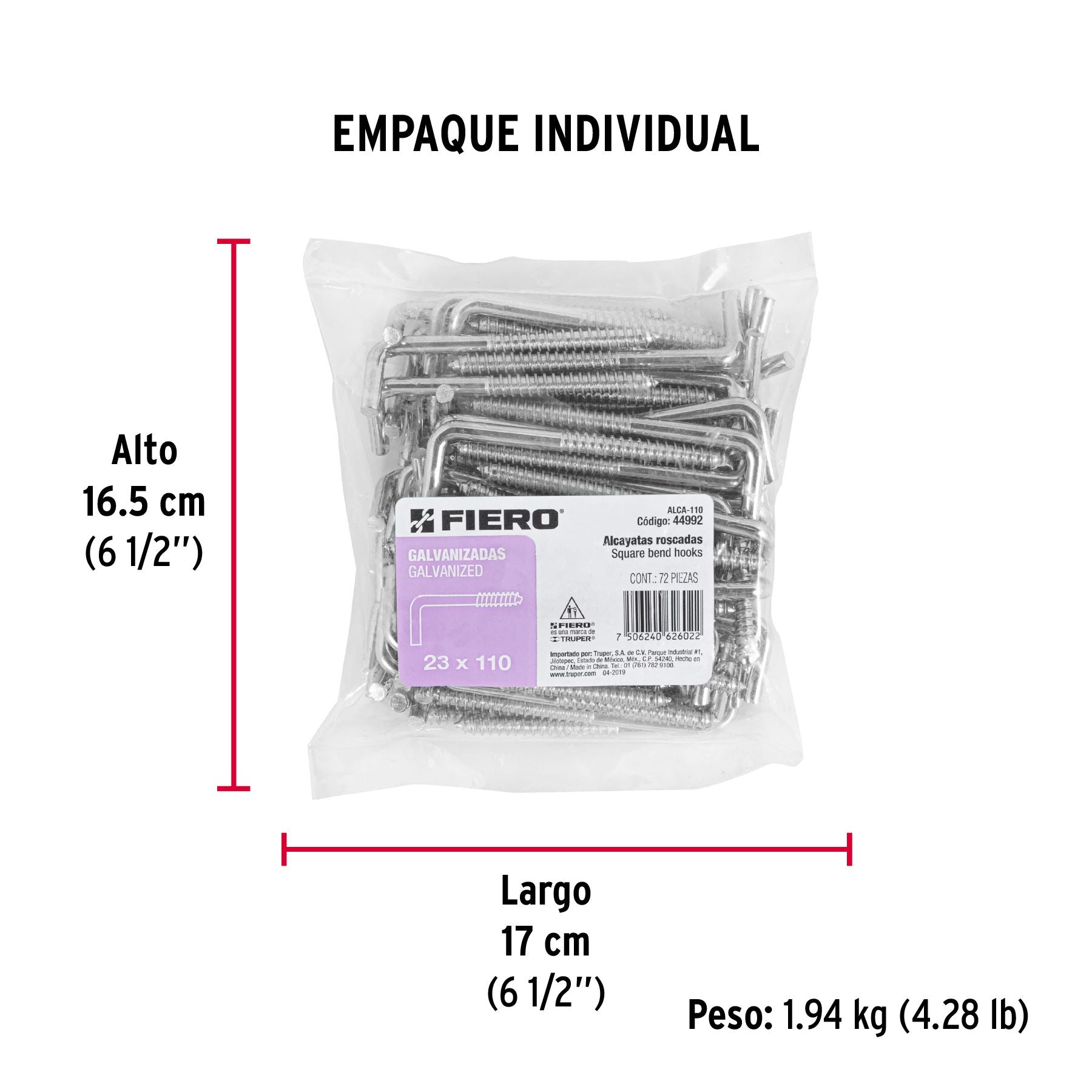 Alcayata Roscada 23 X 110 Fiero Bolsa 72 Piezas