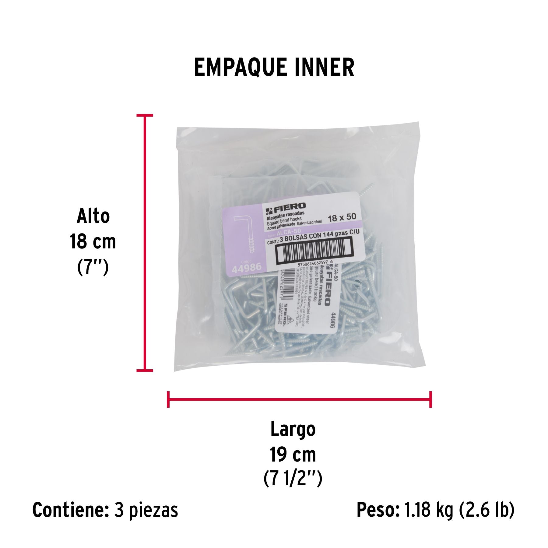 Alcayata Roscada 18 X 50 Fiero Bolsa 144 Piezas