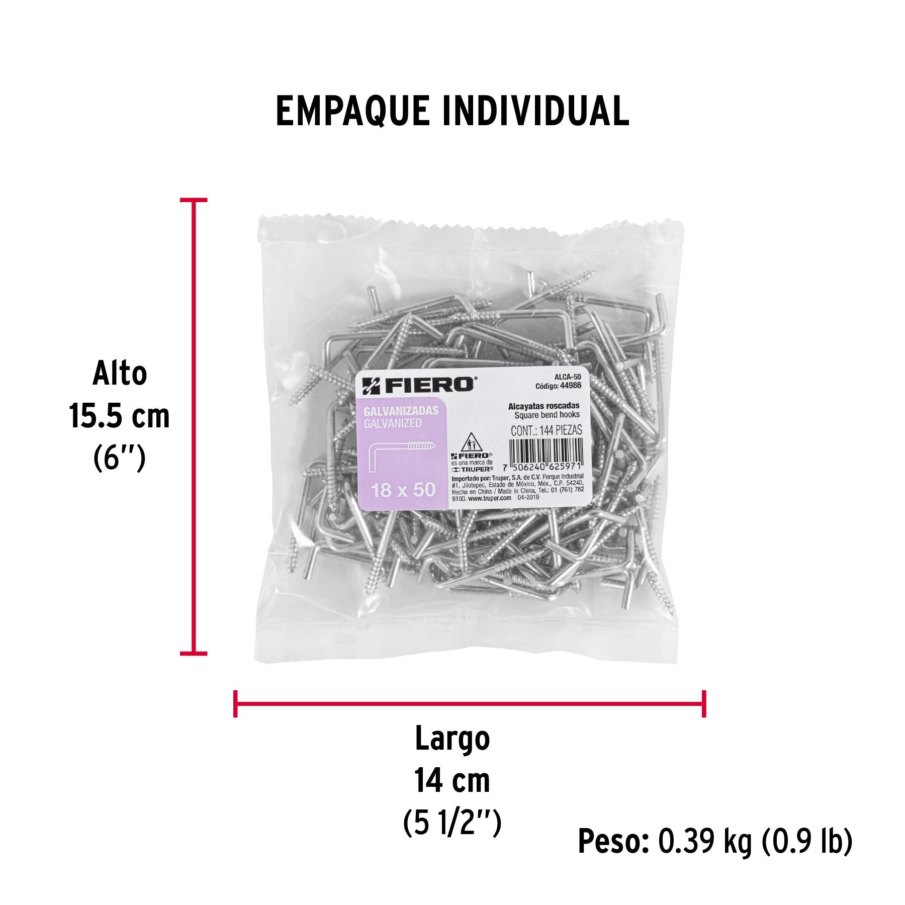 Alcayata Roscada 18 X 50 Fiero Bolsa 144 Piezas