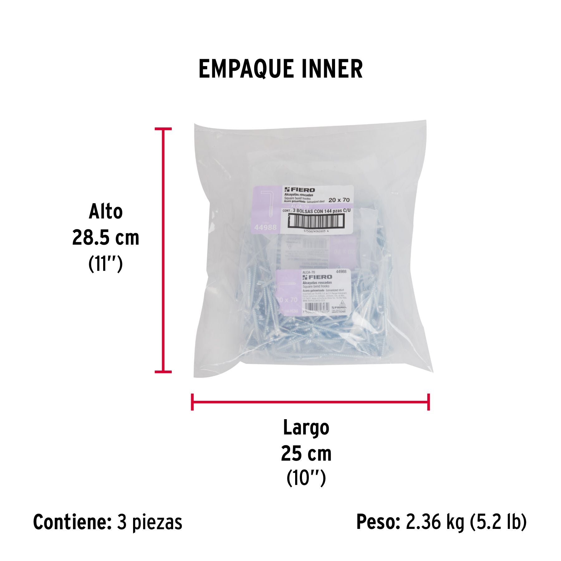 Alcayata Roscada 20 X 70 Fiero Bolsa 144 Piezas