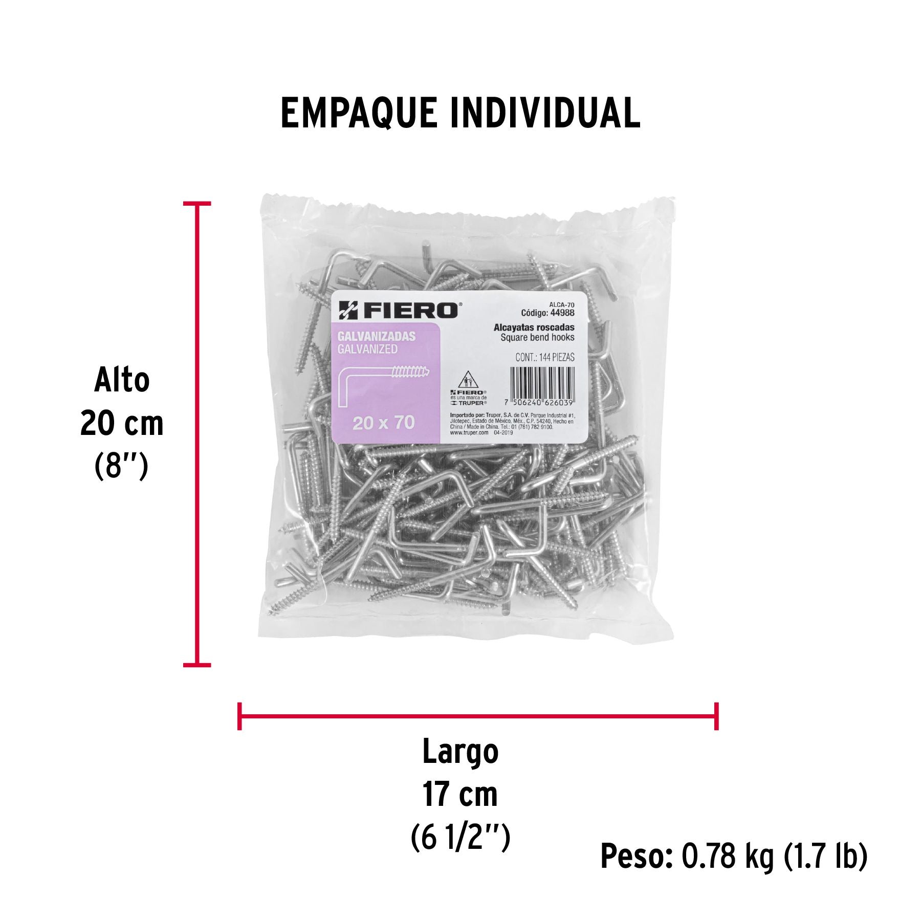 Alcayata Roscada 20 X 70 Fiero Bolsa 144 Piezas