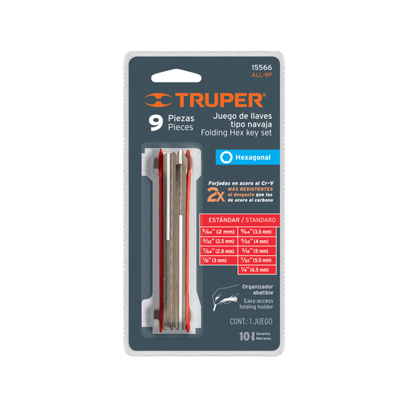 Juego de 9 Llaves Allen Tipo Navaja STD Truper