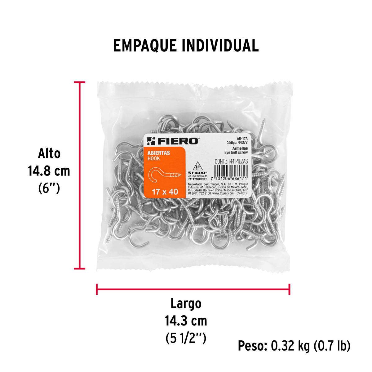 Armella Abierta 17 x 40 Fiero Bolsa 144 Piezas
