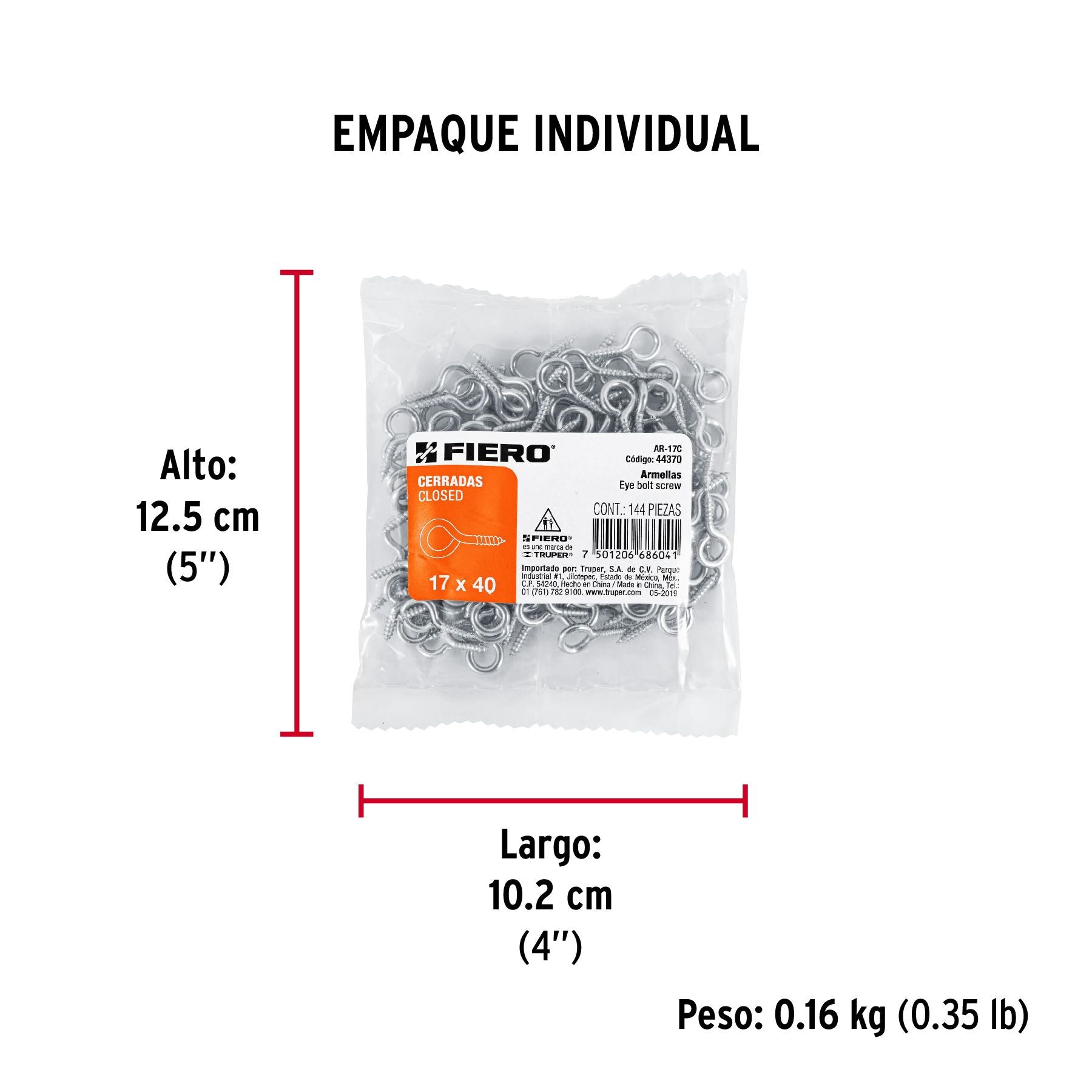 Armella Cerrada 17 x 40 Fiero Bolsa 144 Piezas